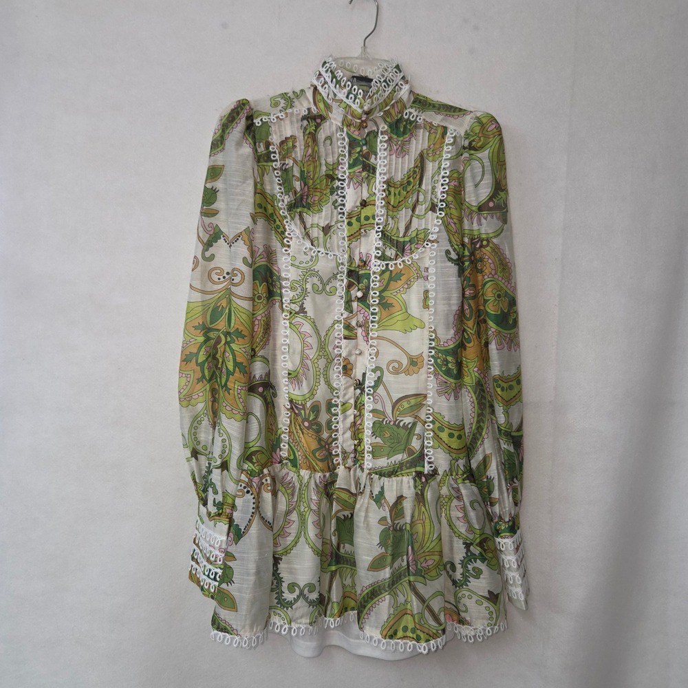 INA Womens Green Paisley Boho Lace Trim Mini Dress Tunic Top Size S DK87777